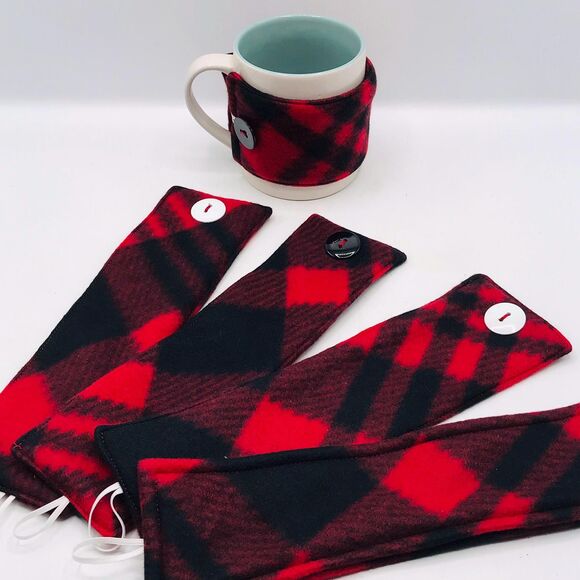 Handmade Mug Cozy, Plaid Fleece Red Black, Hot Beverage Cozy, Stocking Stuffer - Picture 3 of 6